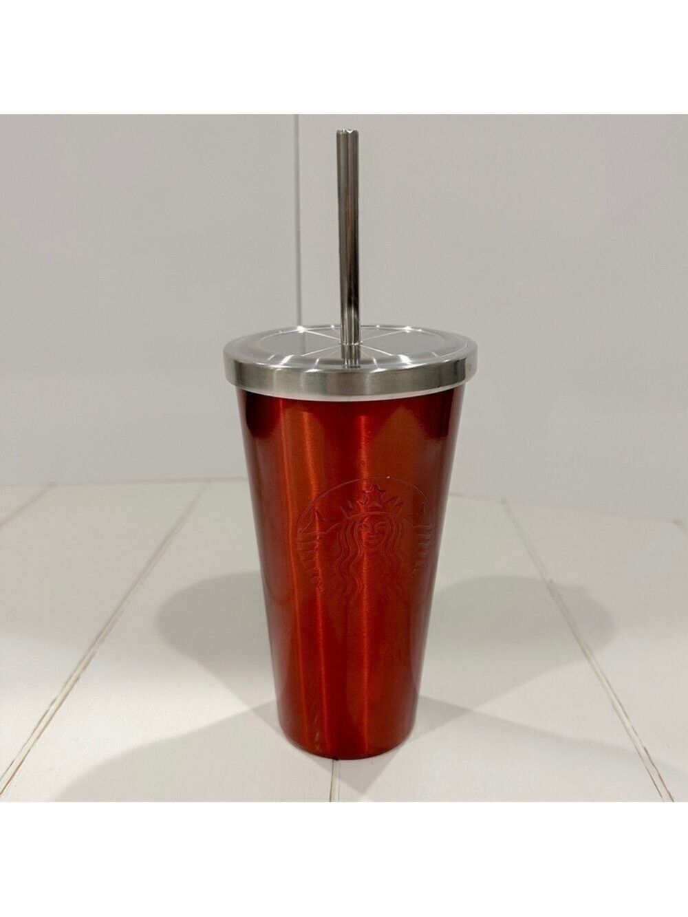 Starbucks 2014 Red Stainless Steel Tumbler 16 oz Grande w/ Metal Straw & Lid